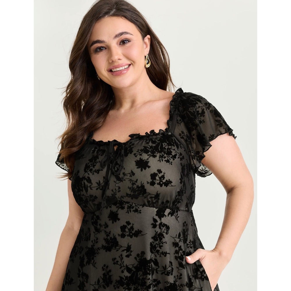 Bloomchic Black Floral Mesh Stretchy Midi Dress Romantic Short Sleeve 1X 14-16